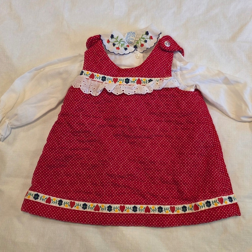 Vintage Childrens 3T Red Polka Dot Pinafore Dress‎ White Embroidered Blouse Set